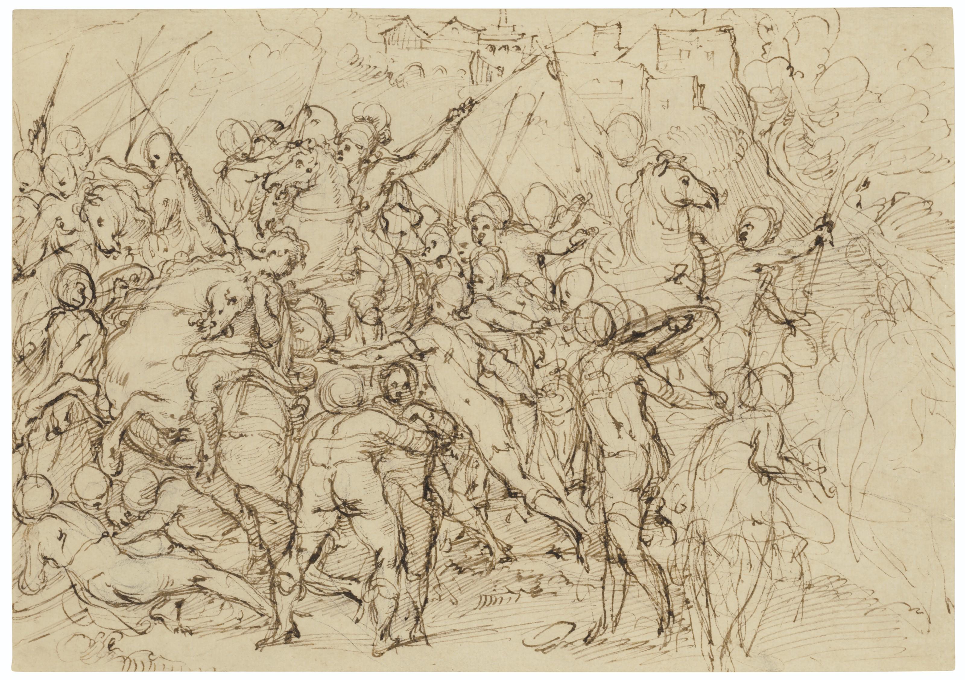 Giovanni Battista Naldini - An equestrian battle scene (recto); Two studies of the head of Lorenzo de\' Medici, after Michelangelo (verso)