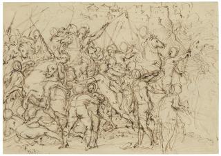 Giovanni Battista Naldini - An equestrian battle scene (recto); Two studies of the head of Lorenzo de\' Medici, after Michelangelo (verso)