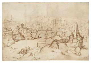 Giovanni Battista Naldini - An extensive view of Rome with the Ponte Rotto, seen from the Aventine (recto); Studies after antique wall decorations (verso)