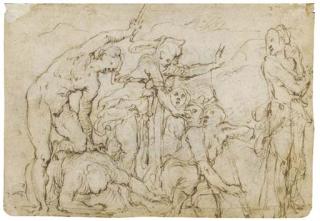 Giovanni Battista Naldini - Un groupe de figures se battant (recto); Etude d\'après La Vittoria de Michelangelo (verso)
