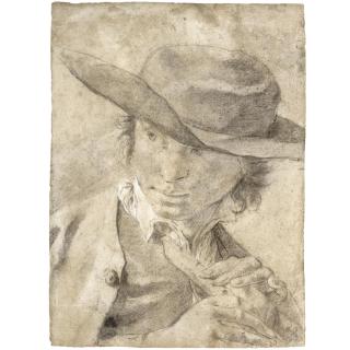 Giovanni Battista Piazzetta - A Boy In A Broad-Brimmed Hat, Holding A Flute 