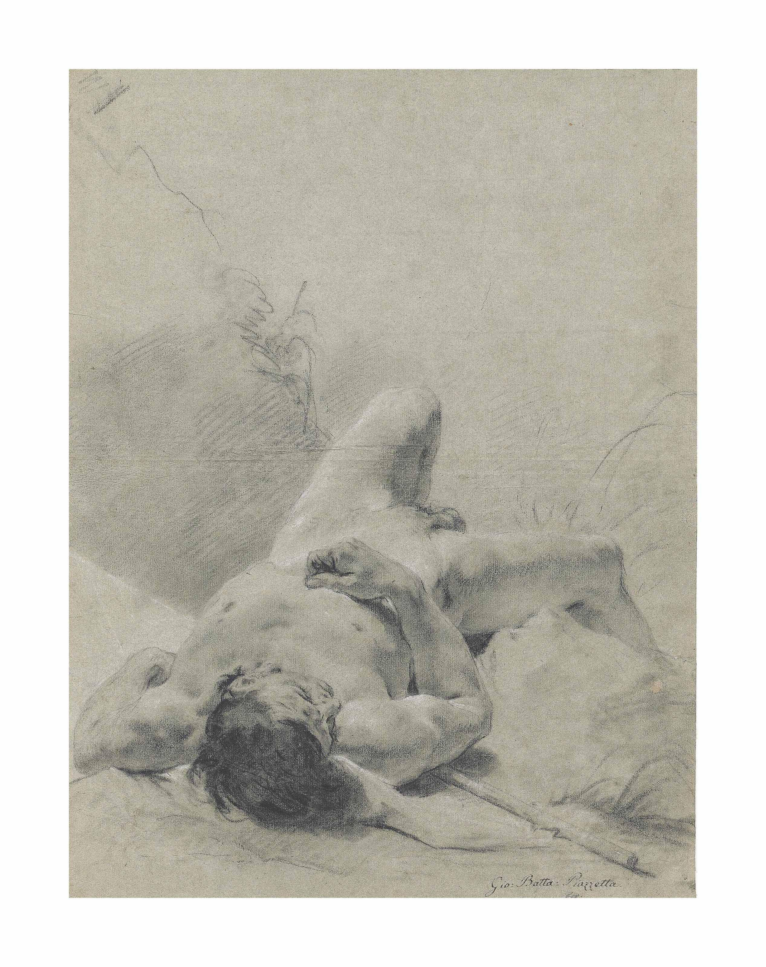 Giovanni Battista Piazzetta - A nude youth sprawled on his back, upon a bank, lying on a standard