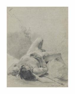 Giovanni Battista Piazzetta - A nude youth sprawled on his back, upon a bank, lying on a standard