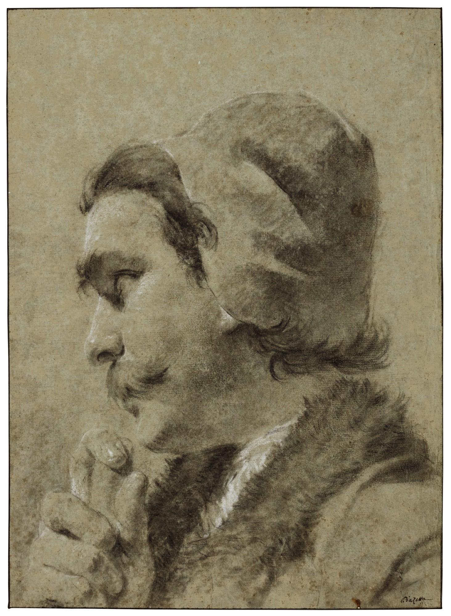 Giovanni Battista Piazzetta - Head of a man wearing a cap and a fur trimmed coat, seen in profile, looking to the left