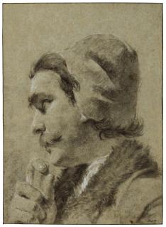 Giovanni Battista Piazzetta - Head of a man wearing a cap and a fur trimmed coat, seen in profile, looking to the left