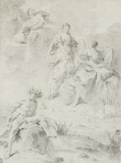 Giovanni Battista Piazzetta - Le dieu de la rivière Po assis sur un rocher près d\'une source, les Sciences et les Lettres de l\'autre côté de la rivière, Eole et Zéphir en haut à gauche