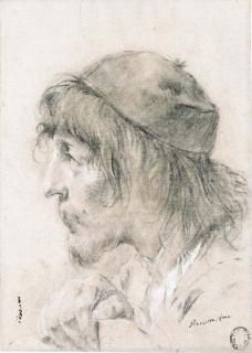 Giovanni Battista Piazzetta - The head of a bearded man wearing a cap, in profile to the left