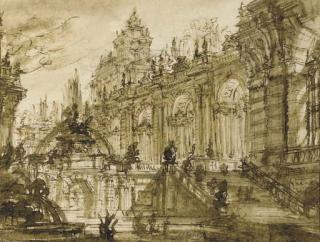 Giovanni Battista Piranesi - An architectural fantasy: the entrance to a palace with a monumental staircase by a fountain