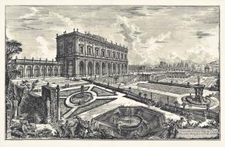 Giovanni Battista Piranesi - The Villa Albani (H. 89) and The Forum of Nerva. Interior of enclosure walls with the two half-buried Corinthian columns (H. 95) from: Vedute di Roma
