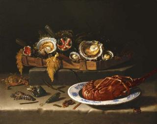 Giovanni Battista Recco - Shellfish in a basket, a lobster in a bowl and shells, a crayfish and a crab on a stone ledge