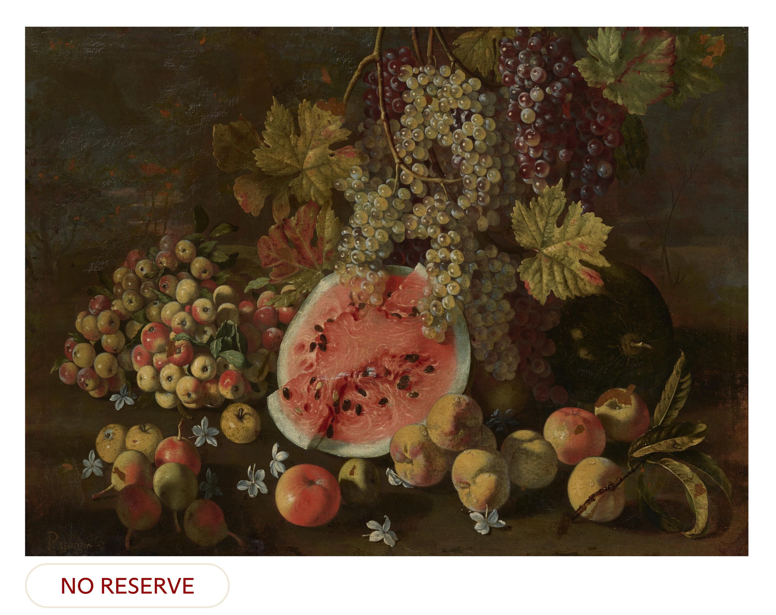 Giovanni Battista Ruoppolo - A watermelon, apples, pears and grapes in a landscape