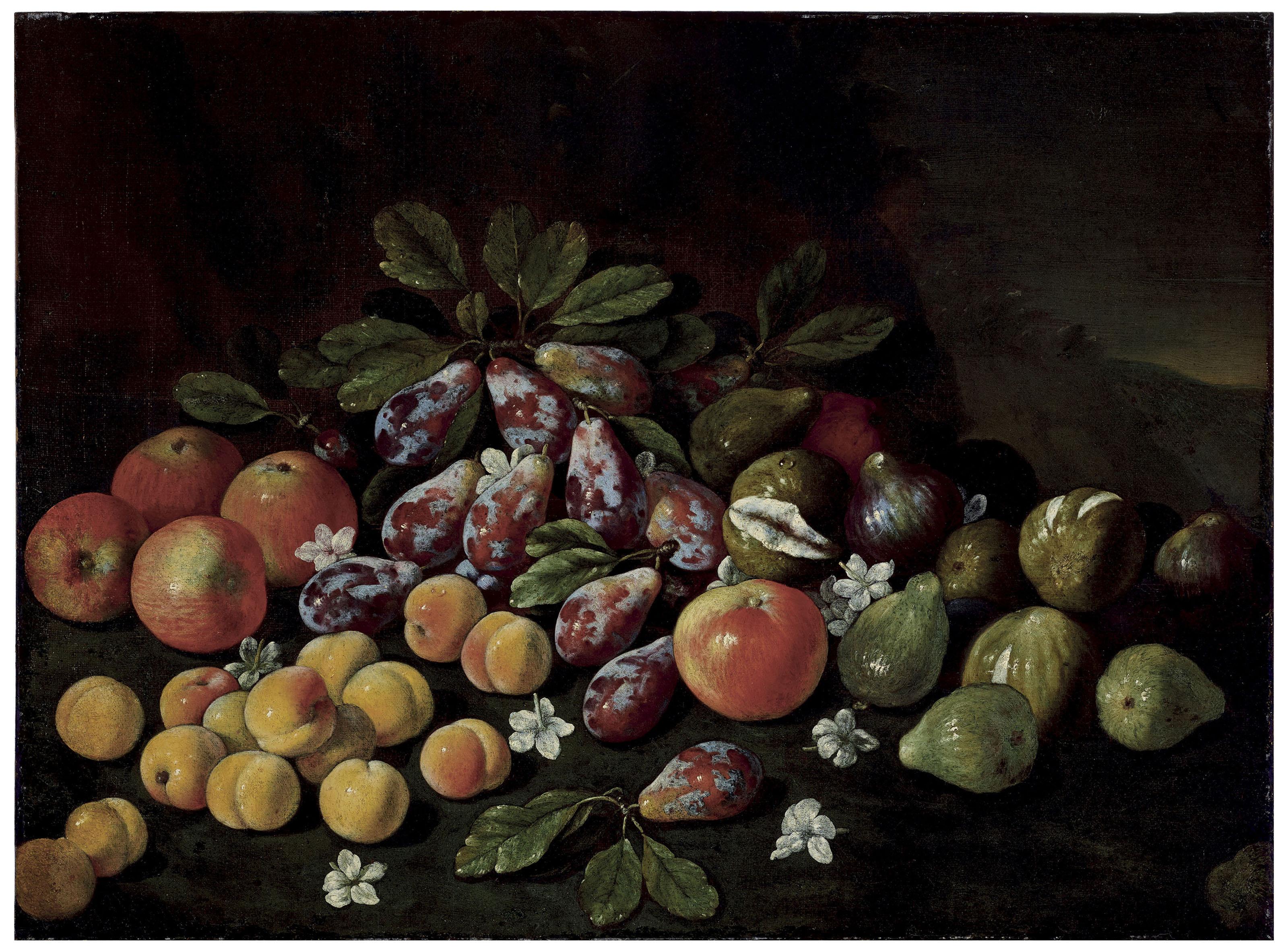 Giovanni Battista Ruoppolo - Apples, Apricots, Figs And Plums In A Landscape