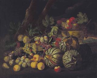 Giovanni Battista Ruoppolo - Melons, Grapes, Peaches, Figs And Other Fruit In A Wooded Landscape