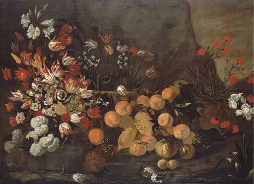 Giovanni Battista Ruoppolo - Oranges and lemons with tulips, chrysanthemums, lilies, peonies and other flowers in a vase, in a landscape with carnations and an orchid
