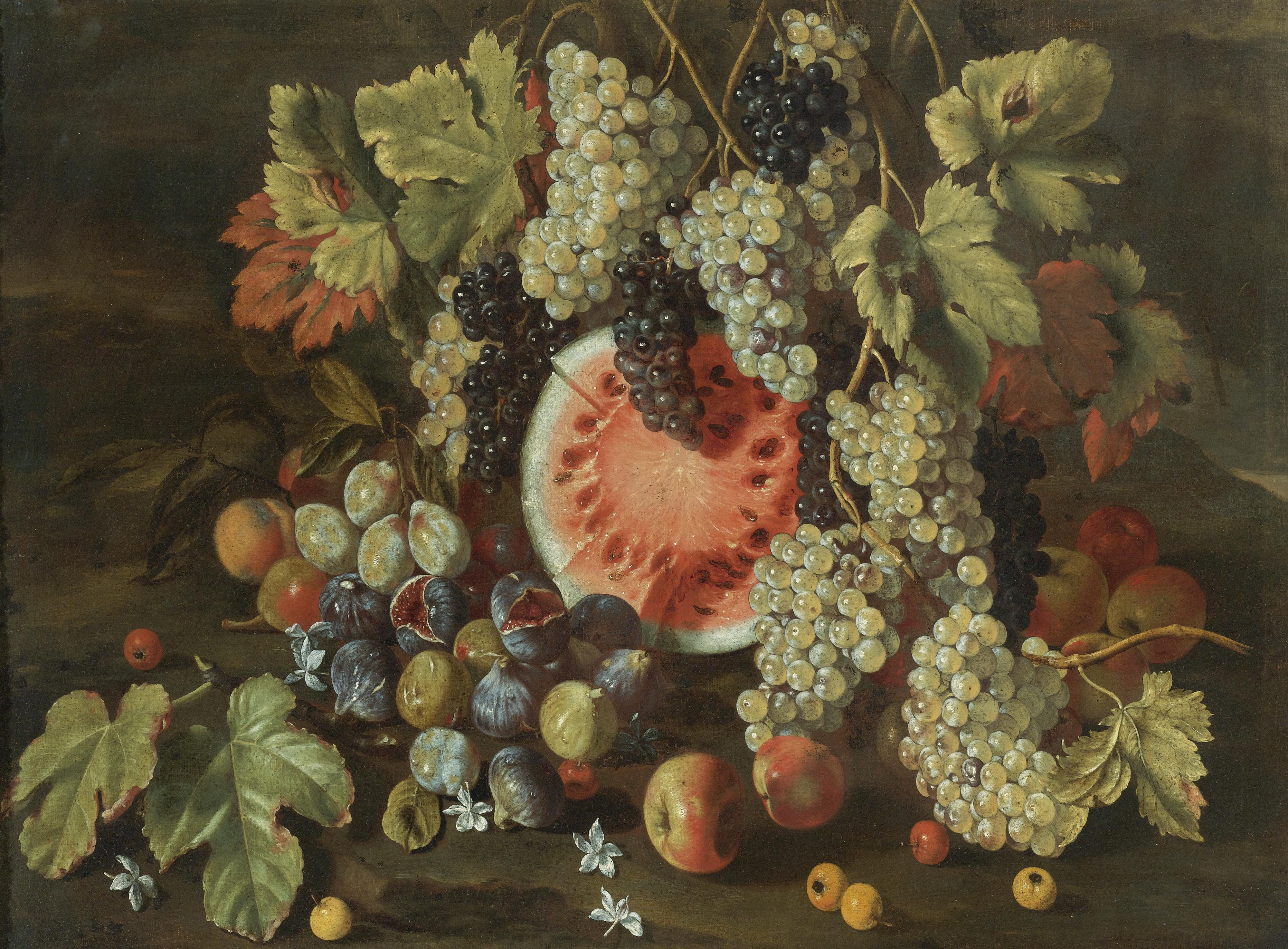 Giovanni Battista Ruoppolo - Still Life In A Landscape, With Grapes, Watermelons, Figs And Apples