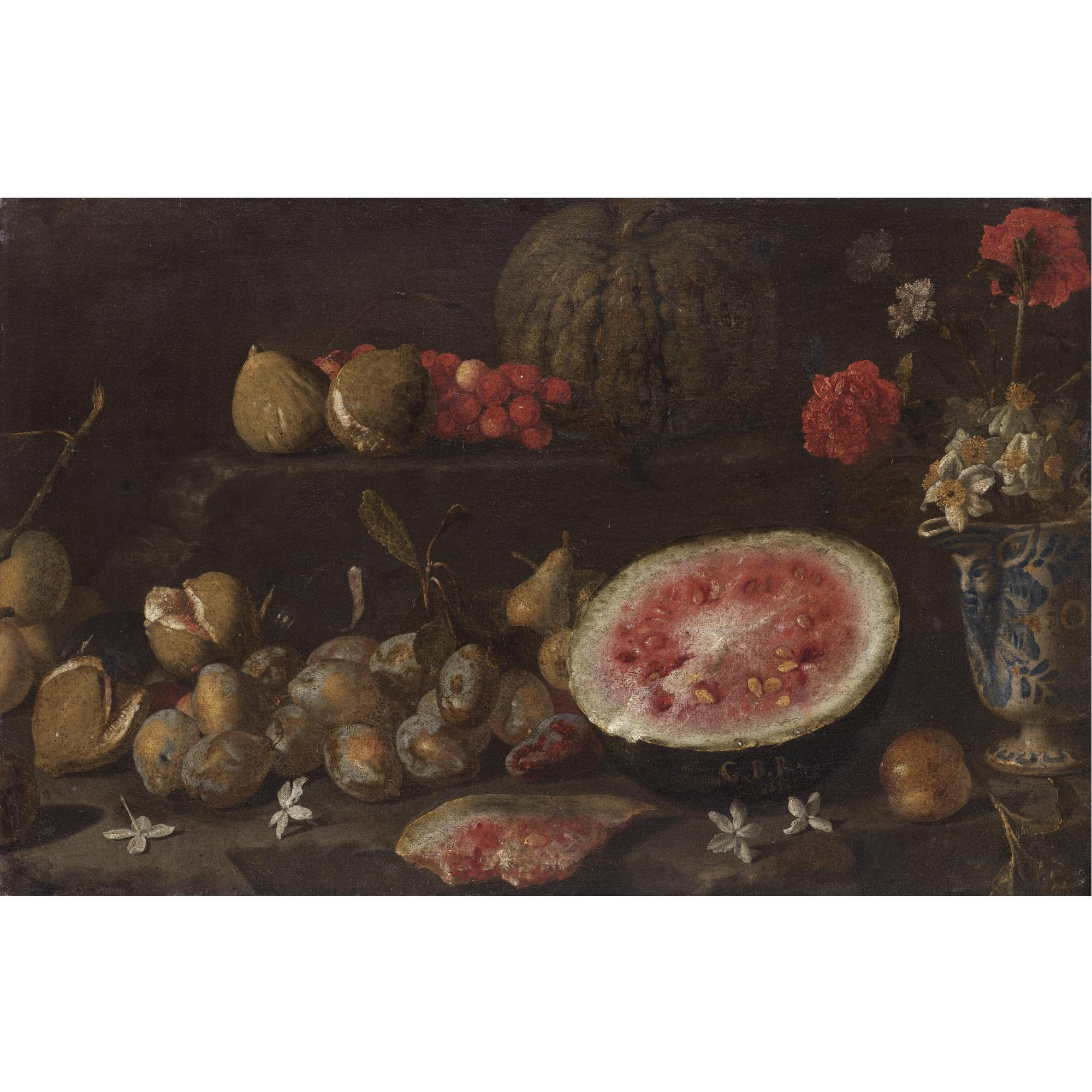 Giovanni Battista Ruoppolo - Still Life With Plums, Passionfruit, Cherries, Watermelon And A Vase Of Flowers