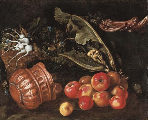 Giovanni Battista Ruoppolo - Turnips in a basket with cauliflower, cardoon, apples and a copper pot on a ledge