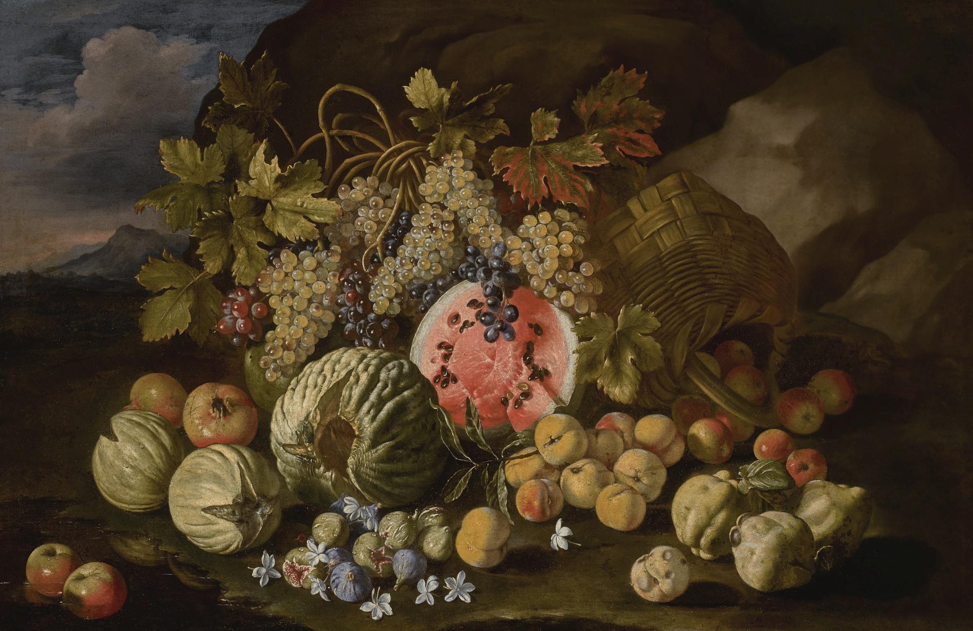 Giovanni Battista Ruoppolo - Watermelon, Melon, Grapes, Apples, Pomegranates, Peaches, Figs And Quinces In A Landscape