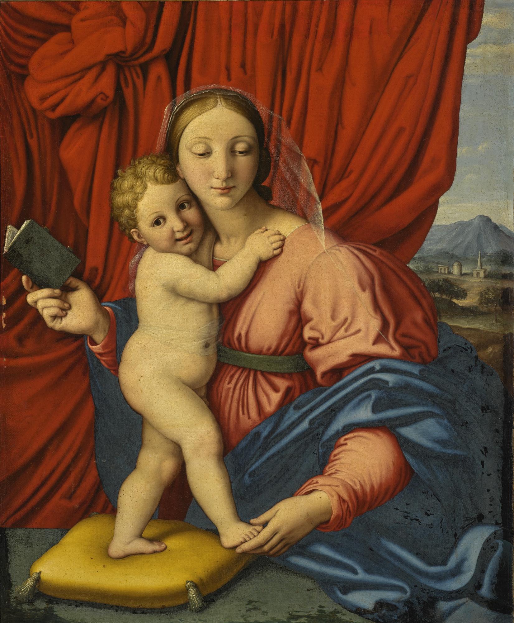 Giovanni Battista Salvi - Madonna And Child, Before A Draped Curtain, A Landscape Beyond