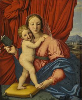 Giovanni Battista Salvi - Madonna And Child, Before A Draped Curtain, A Landscape Beyond