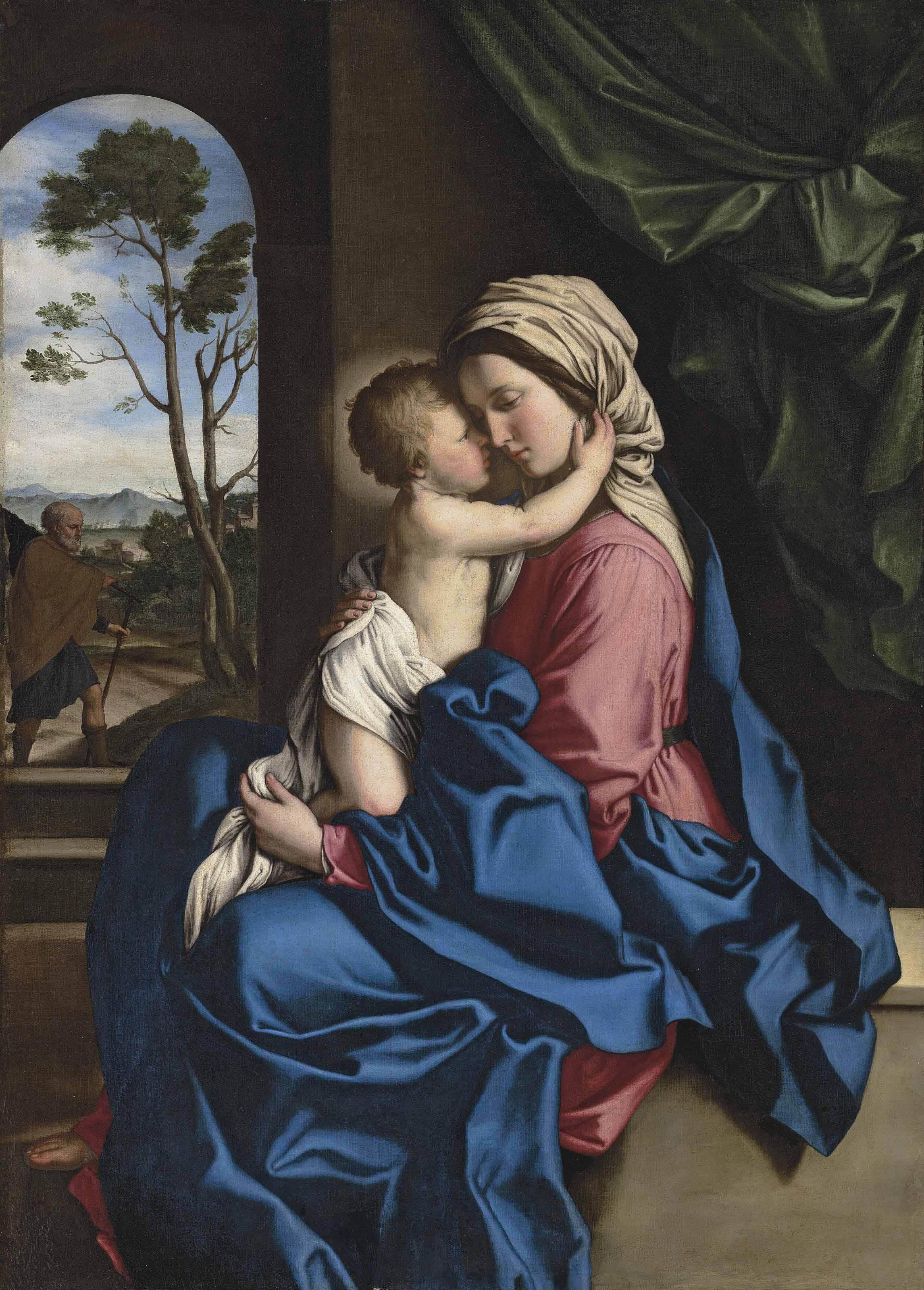 Giovanni Battista Salvi - The Madonna and Child embracing in an interior, a landscape with Saint Joseph beyond