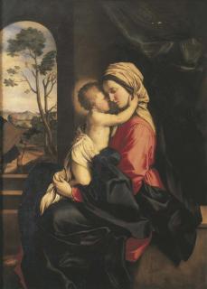 Giovanni Battista Salvi - The Madonna and the Christ Child embracing in an interior, a landscape with Saint Joseph beyond