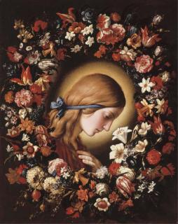 Giovanni Battista Salvi - The Virgin Annunciate surrounded by a garland of flowers