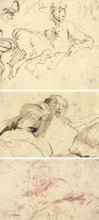 Giovanni Battista Tiepolo - A faun seated on a bank; A man seen di sotto in su (recto), A man holding a book (verso); and A boy, half-length, looking down