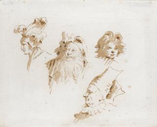 Giovanni Battista Tiepolo - A Sheet Of Four Head Studies: A Man Wearing A Fanciful Plumed Hat, An Oriental, A Young Boy And A Man With A Ruff And Tall Hat