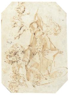Giovanni Battista Tiepolo - A standing soldier, with studies of heads and figures seen di sotto in su (recto); Two studies of heads (verso)