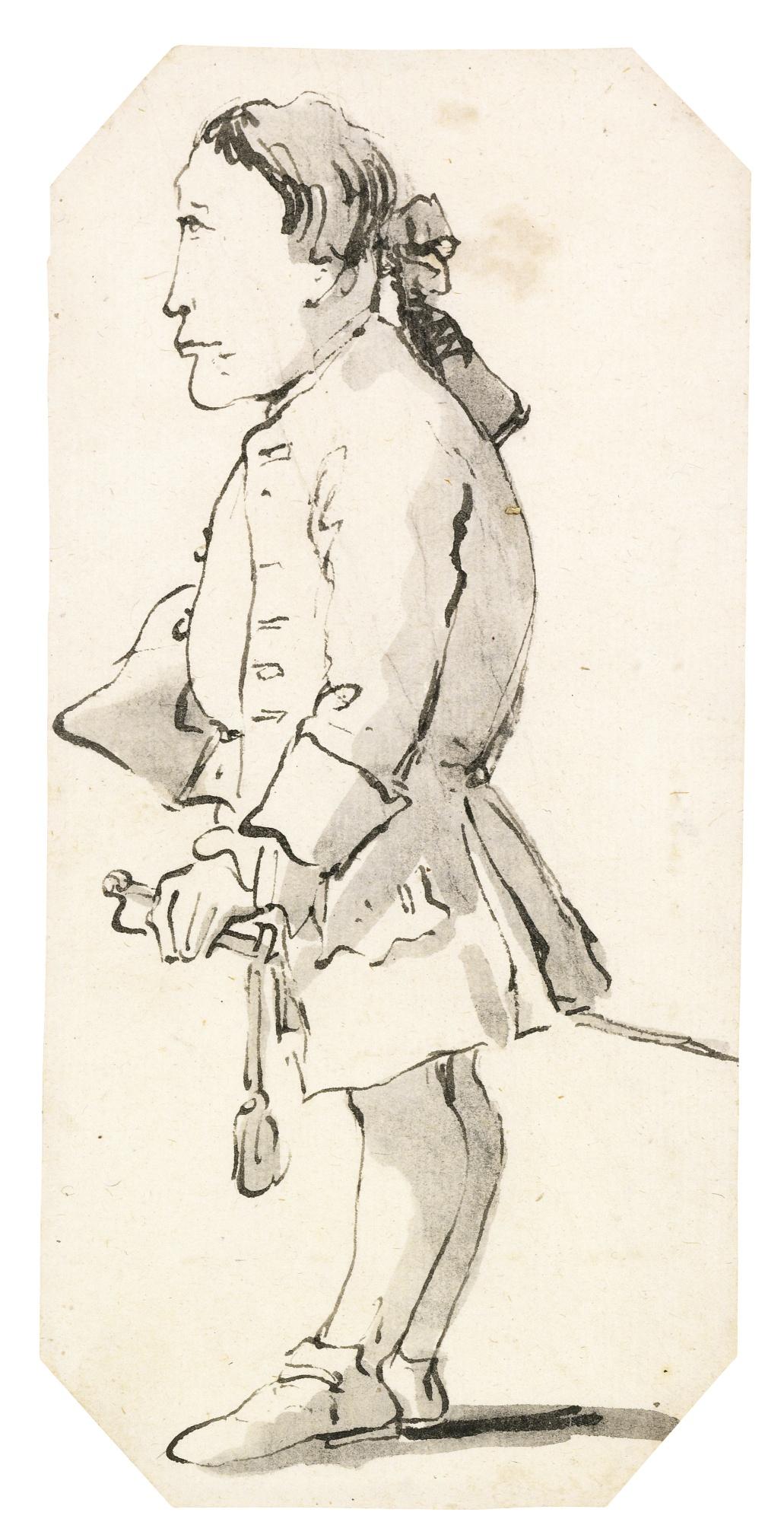 Giovanni Battista Tiepolo - Caricature Of A Gentleman Holding A Tricorn Hat Under His Arm, And Wearing A Sword