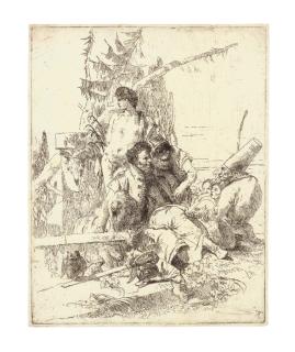 Giovanni Battista Tiepolo - Punchinello talking to two Magicians, from: Scherzi di Fantasia (de Vesme 21; Rizzi 12)
