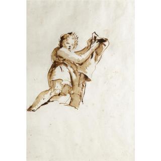 Giovanni Battista Tiepolo - Study Of A Youth Holding Up A Cloak To The Right, Seen From Below