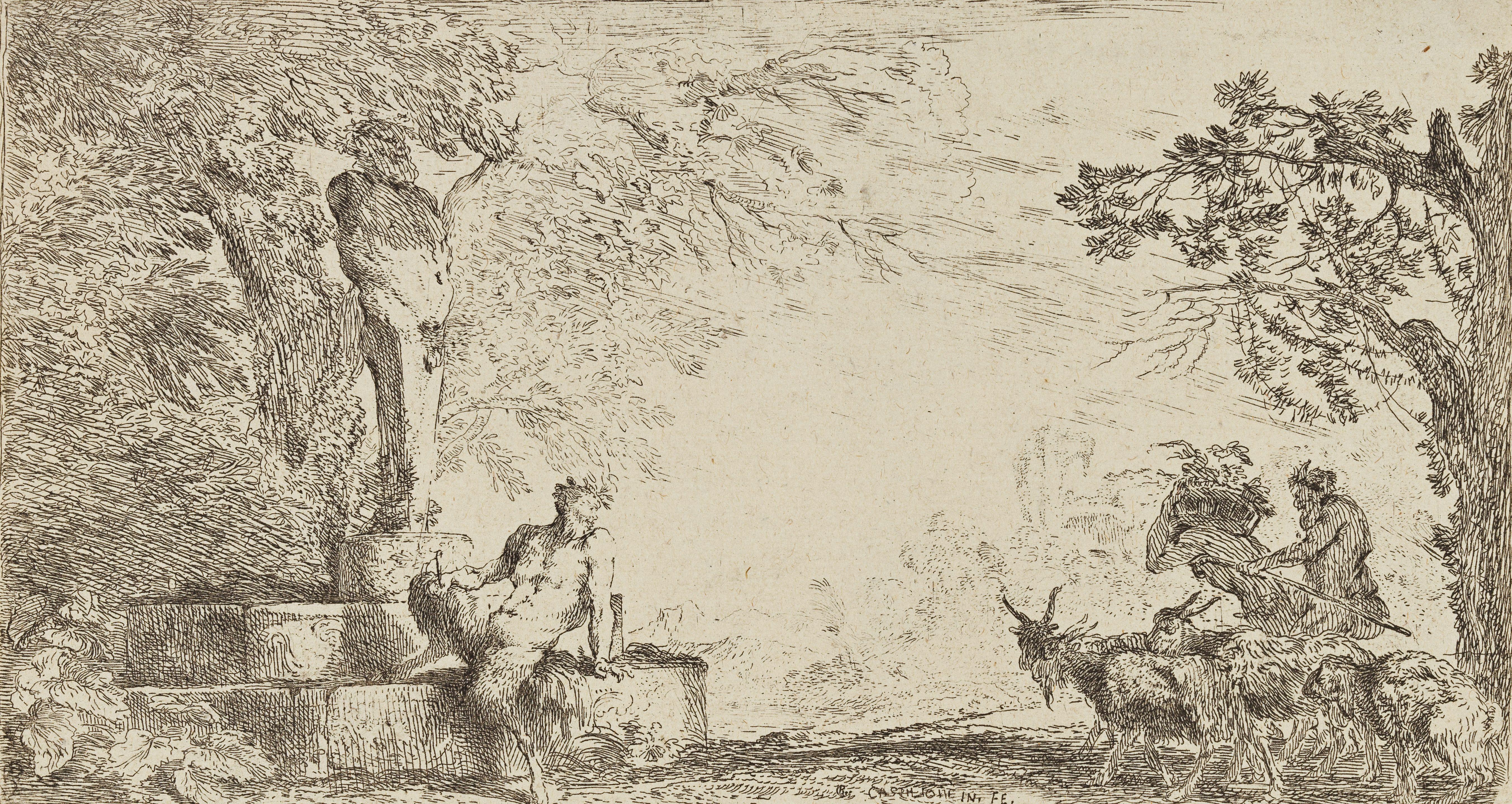 Giovanni Benedetto Castiglione - A Satyr seated beside a statue of Priapus