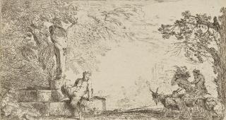 Giovanni Benedetto Castiglione - A Satyr seated beside a statue of Priapus