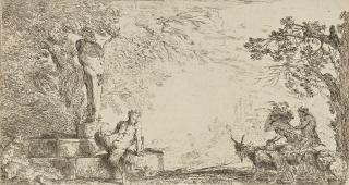 Giovanni Benedetto Castiglione - A Satyr seated beside a statue of Priapus