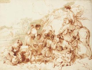 Giovanni Benedetto Castiglione - Une scène de transhumance: Femmes et enfants avec un chien dans un paysage, dans le fond une scène de charité (?) devant un arbre
