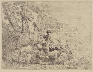 Giovanni Benedetto Castiglione - Young man with his head leaning against his shoulder, wearing a plumed headdress, from Small Studies of Heads in Oriental Headdresses; Young herdsman on horseback