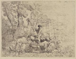 Giovanni Benedetto Castiglione - Young man with his head leaning against his shoulder, wearing a plumed headdress, from Small Studies of Heads in Oriental Headdresses; Young herdsman on horseback