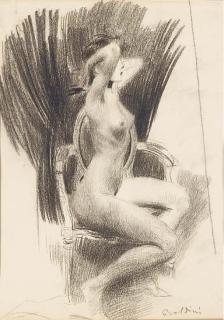 Giovanni Boldini - A female nude seated in an armchair in profile to the right