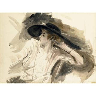 Giovanni Boldini - Jeune Femme Au Grand Chapeaugiovanni Boldini ; Young Woman Wearing A Large  Hat ; Watercolour And Brown Wash Over Black Chalk