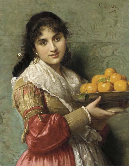 Giovanni Costa - A Young Italian Beauty with a Plate of Oranges