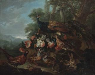 Giovanni Crivelli - A peacock, pheasants and rabbits in a wooded park, a mountainous landscape beyond