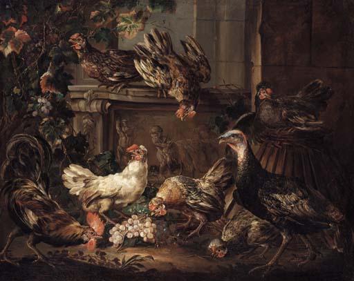 Giovanni Crivelli - A turkey, a cockerel and hens eating grapes by a bas relief