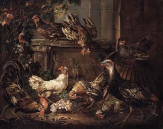 Giovanni Crivelli - A turkey, a cockerel and hens eating grapes by a bas relief