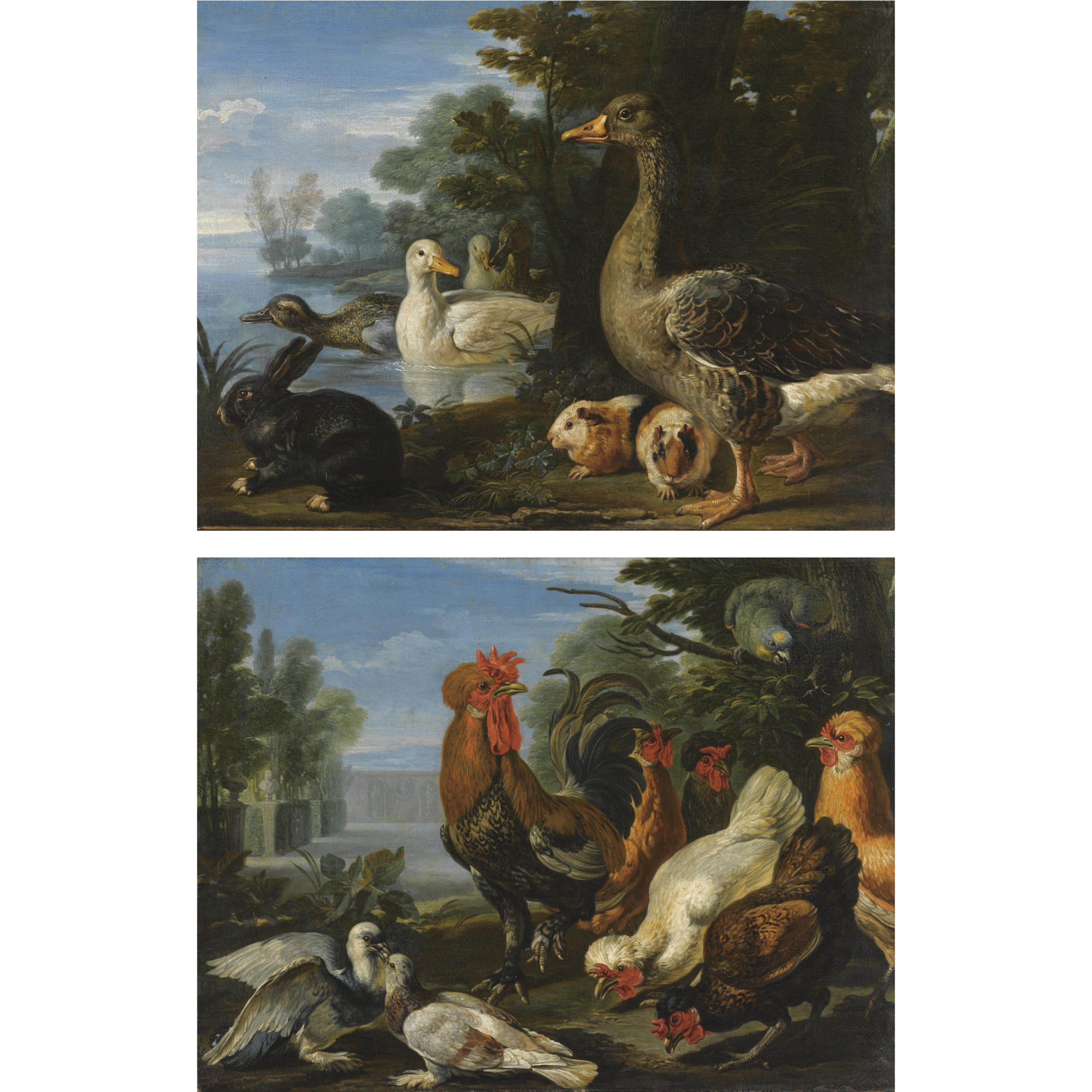 Giovanni Crivelli - Galli, Colombe E Un Pappagallo Papere, Porcellini D\'India E Un Coniglio Presso Un Lago