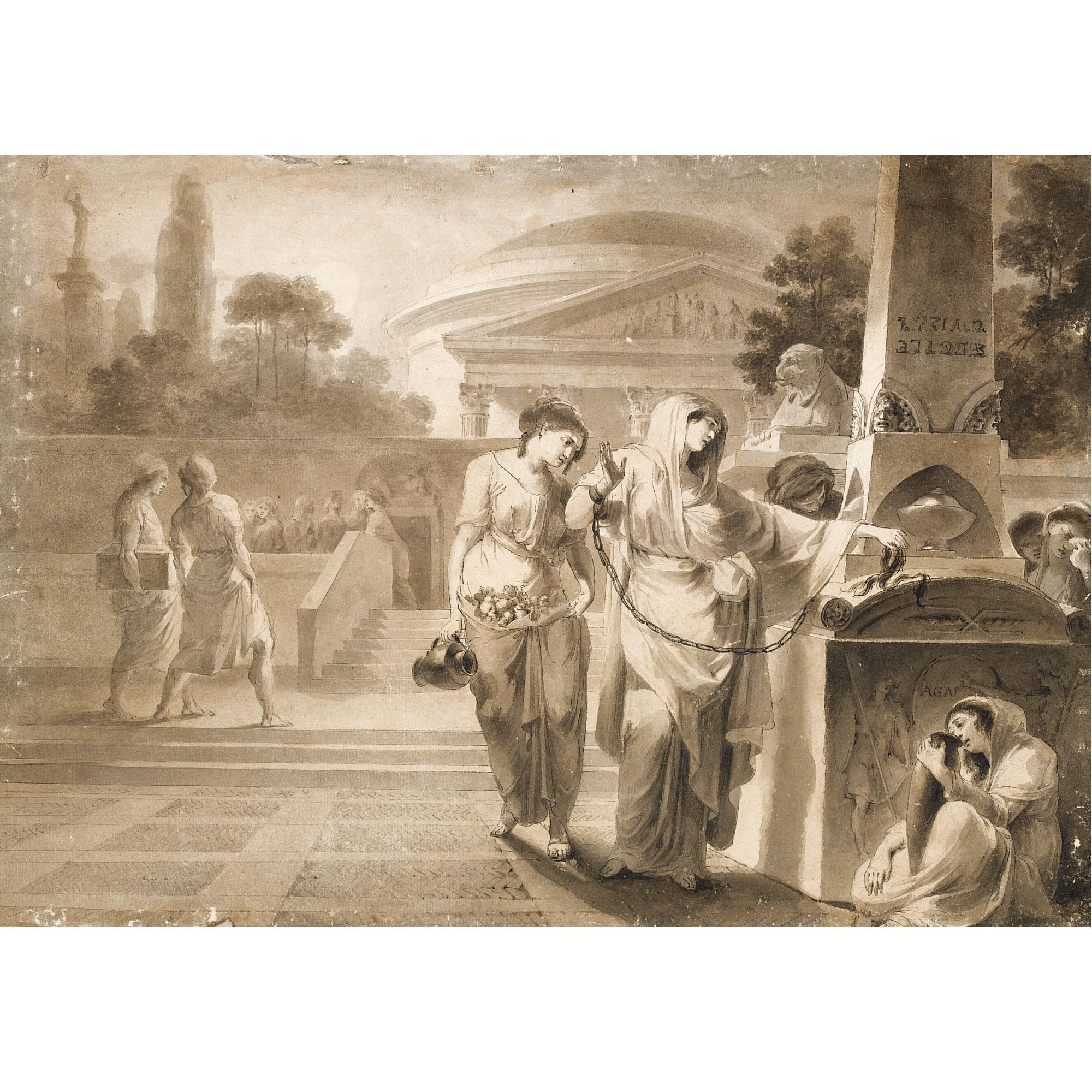 Giovanni David - A Classical Scene With A Vestal Virgin Making An Offering On A Sarcophagus