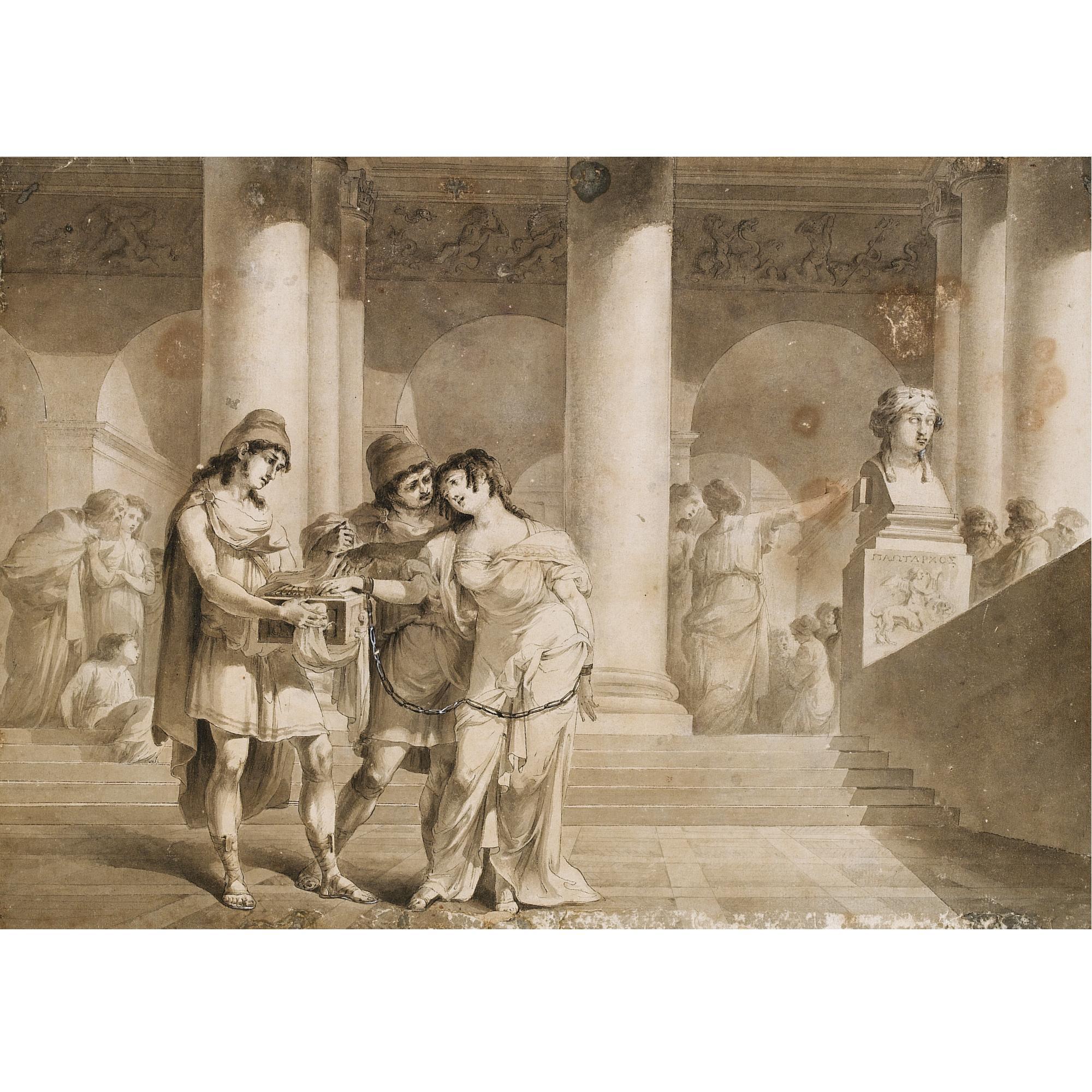 Giovanni David - A Woman, With Her Hands Chained, Touching A Casket Held By A Soldier, A Classical Building In The Background