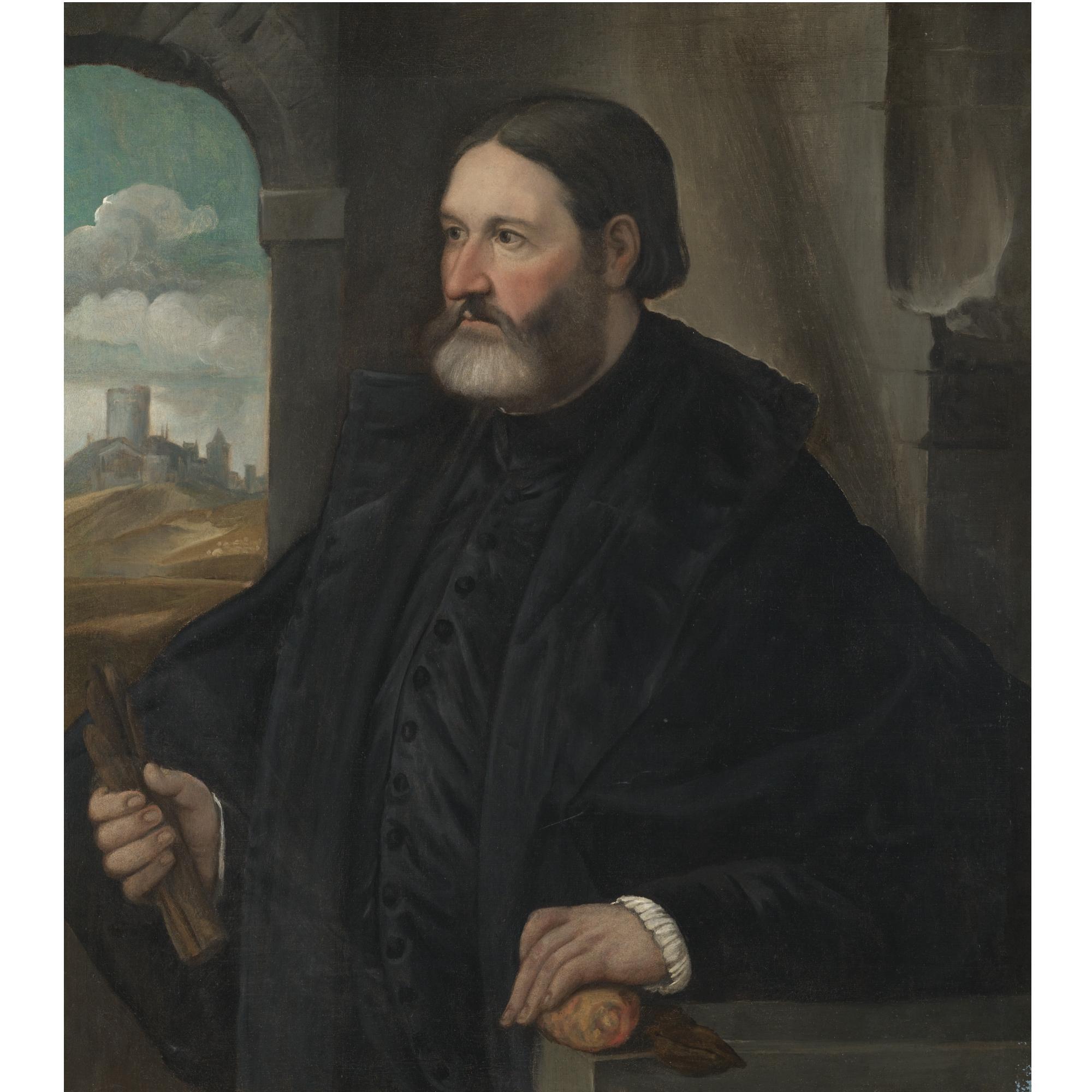 Giovanni de\' Busi - Portrait Of A Bearded Gentleman, Half Length, Wearing A Black Shirt And Cape, Holding Gloves In His Right Hand And A Lemon In His Left, A Landscape Beyond