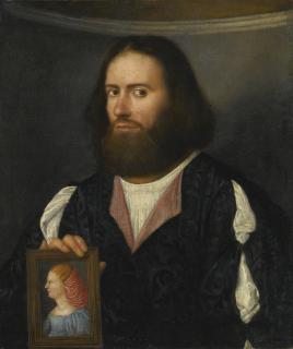 Giovanni De\' Busi - Portrait Of A Gentleman, Half Length, Holding A Portrait Of A Lady